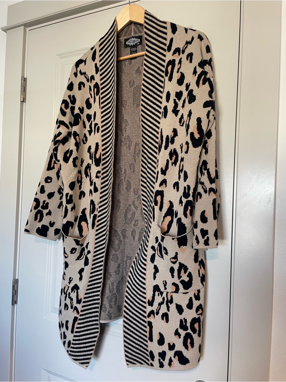 Leopard Print Open-Front Cardigan - Beige/Black